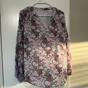 Floral V-Neck Blouse - Pink and Gray